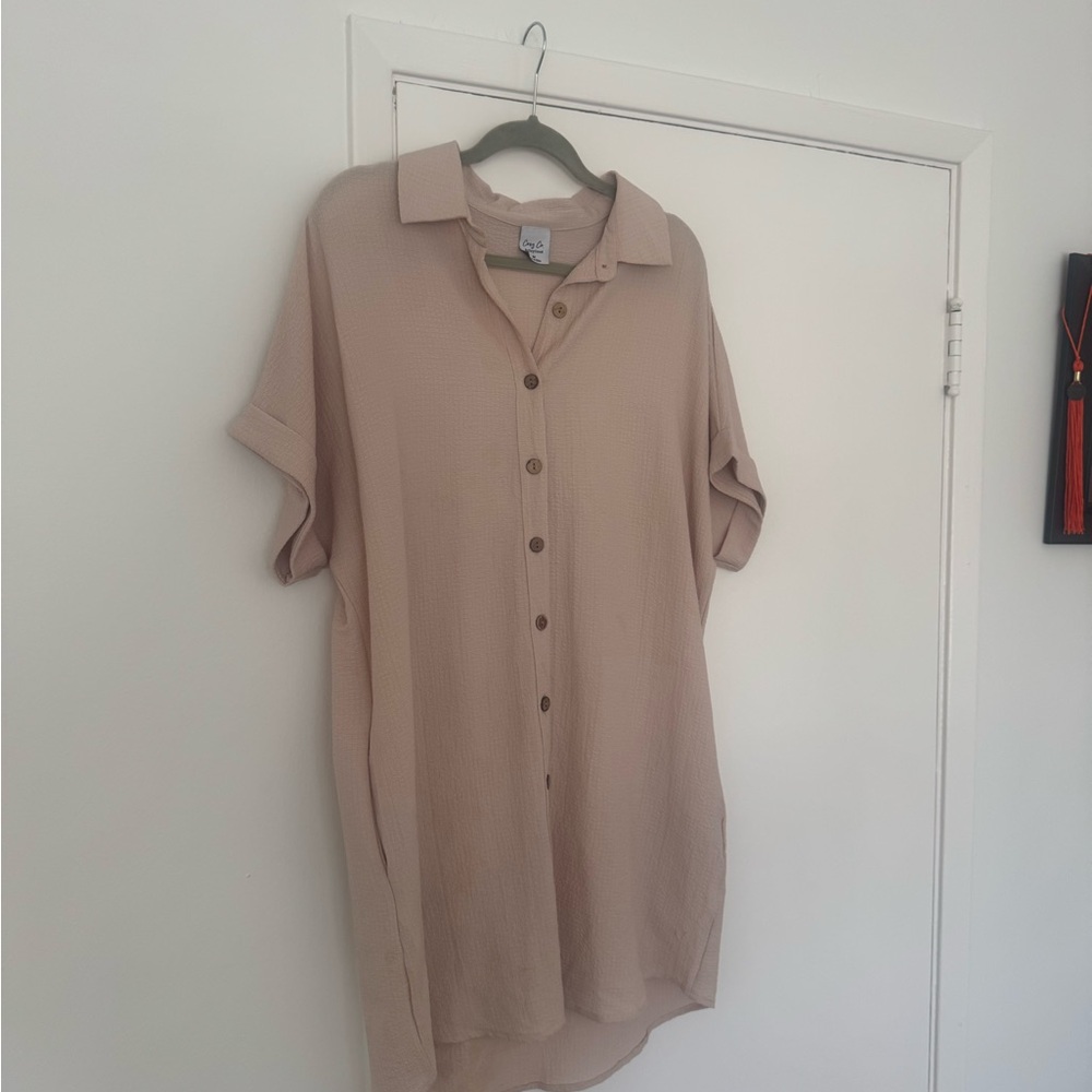 Casual Tan Button-Up Shirt Dress